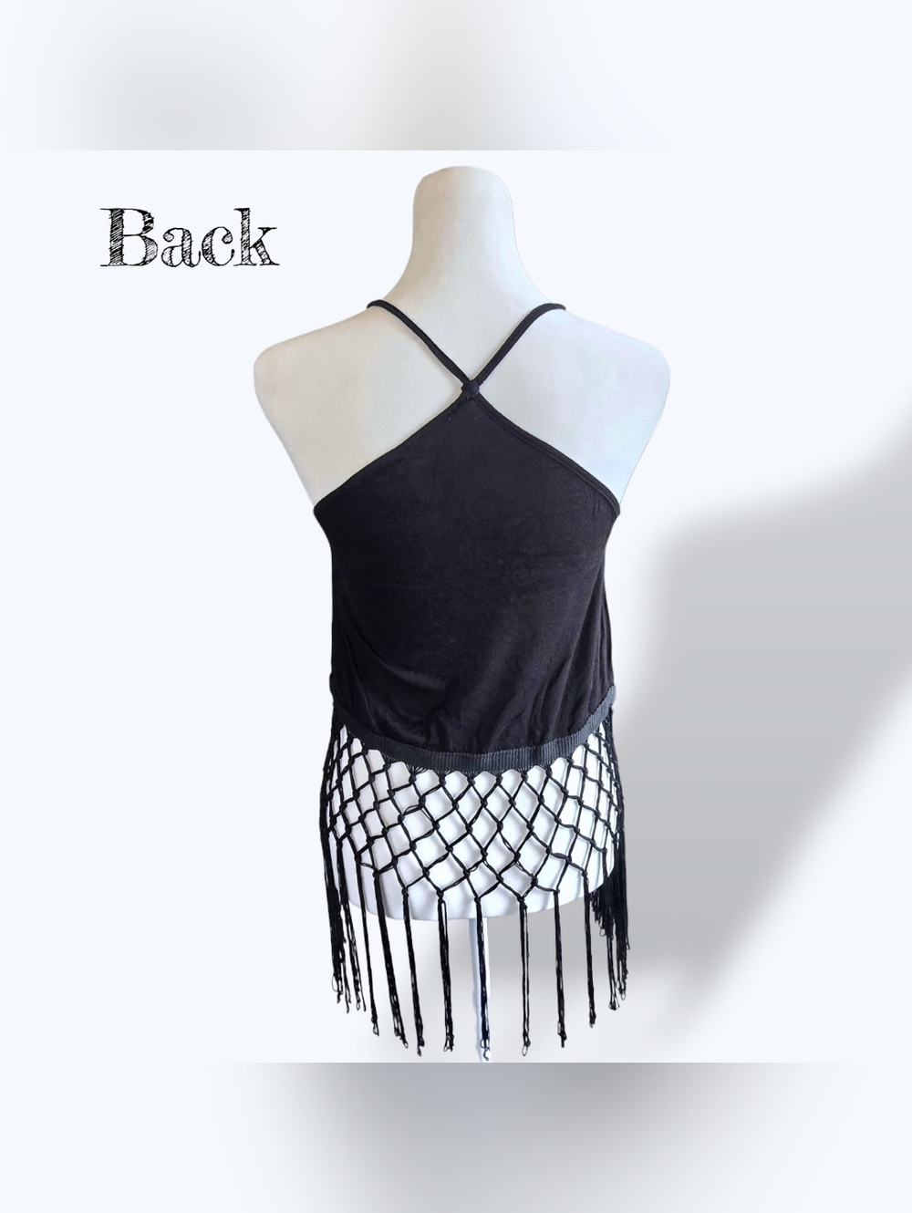 🟣 Rue21 Y2k Black Hanging Fringe Cropped Halter Strap Tank XSmall Mesh Fishnet - Picture 5 of 12